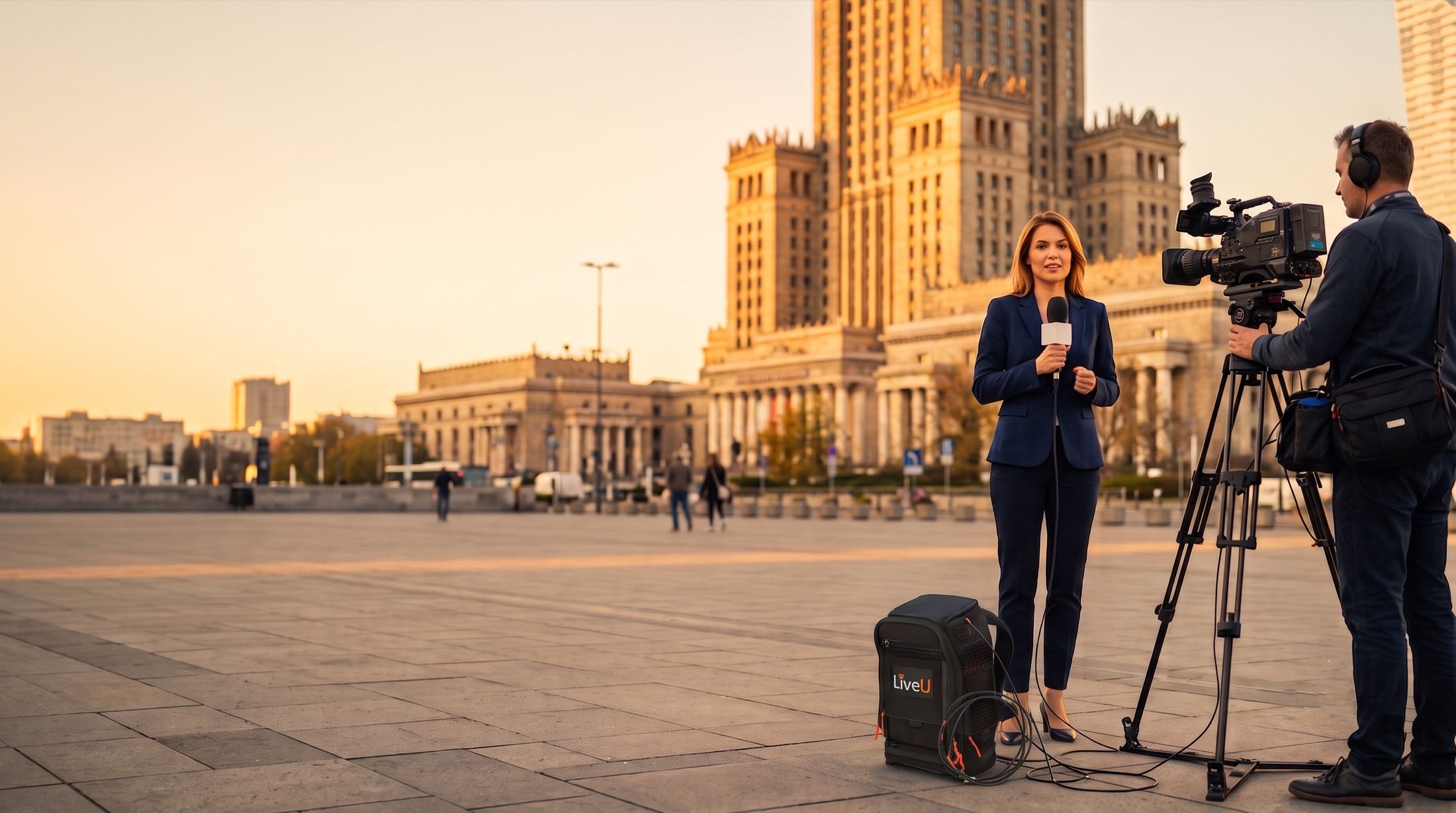 Live news stand-up in central Warsaw: reporter on camera, operator at the tripod, LiveU backpack on the ground.