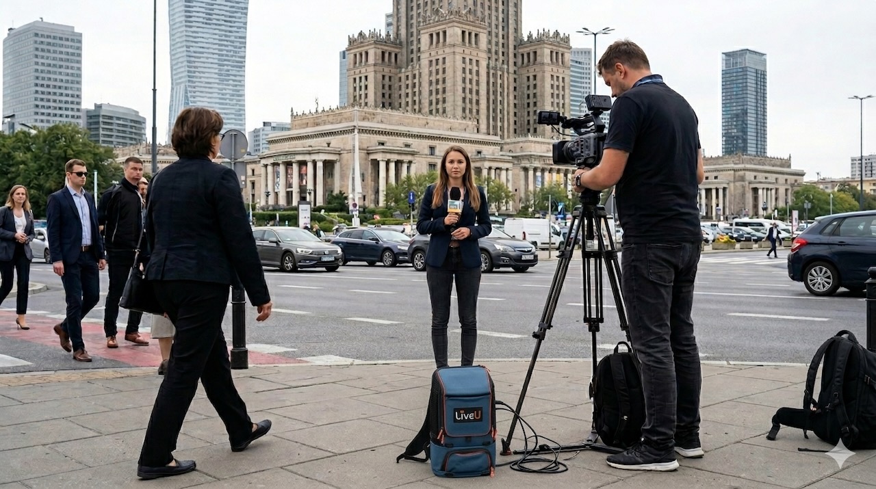 Full production kit in the field: reporter live in central Warsaw, camera on tripod, LiveU backpack.