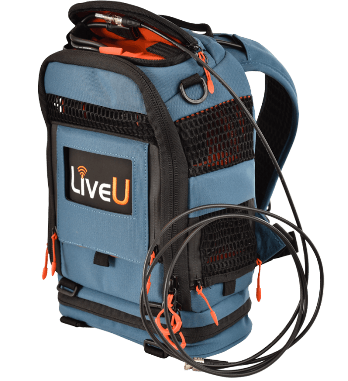 LiveU LU600 in its ready-to-go backpack with antennas and cabling.