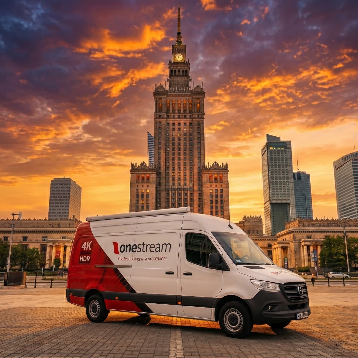 onestream OB van in front of the Palace of Culture and Science in Warsaw at dusk.